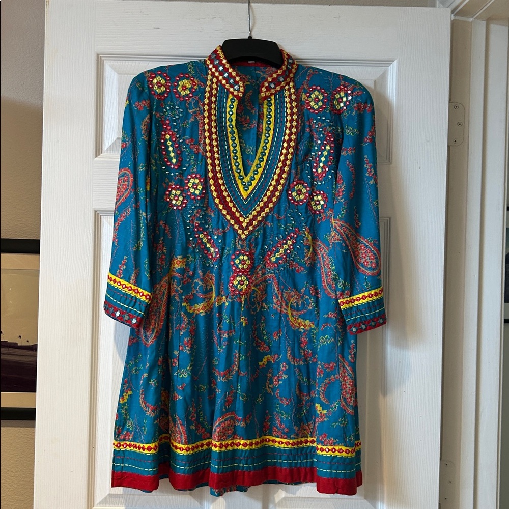 Boho style Teal Paisley Women's Tunic with Multicolor mirror Trim